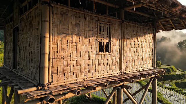 Traditional Bamboo Hut Exterior During Golden Hour Sunlight With Rustic Woven Walls And A Small Dark Window Overlooking Misty Forest Landscape
