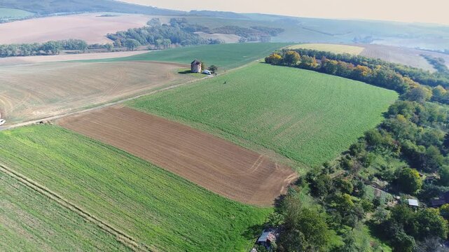 Aerial farmland patchwork landscape