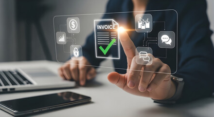 Business professional approving digital invoice on futuristic interface with financial icons and laptop