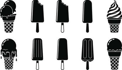 Black ice cream icons set, popsicle and cone silhouettes, frozen dessert collection, sweet food symbols, minimal vector illustration for branding