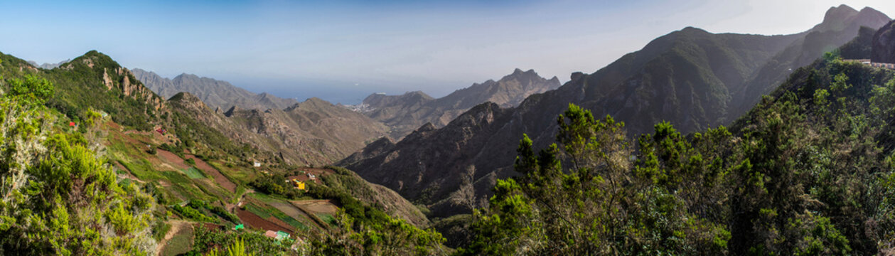Tenerife, Canary Islands, Spain: aerial and panoramic view of the Anaga Rural Park, national park and protected mountainous, forested and coastal area in the northeastern tip of the island