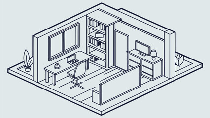 Minimalist home office interior with desk chair bookshelf and computer in a tiny apartment