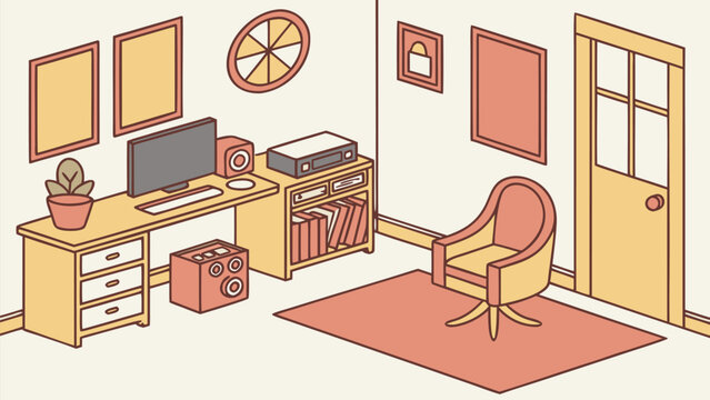 Retro 90s home office setup with computer chair and decor inside a vintage room with orange accents