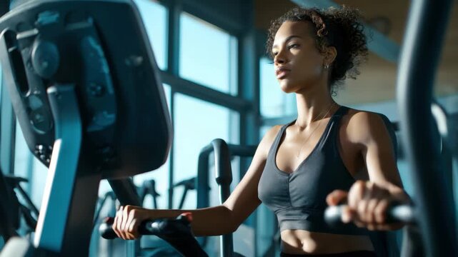 Athletic woman exercising in gym during the day focused on fitness and health using an elliptical machine for cardio workout