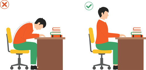 Correct and incorrect desk sitting posture comparison, ergonomic health vector illustration showing slouched versus upright positions for workplace safety and wellness © Mst