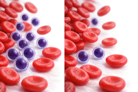 Photorealistic 3D illustrating lymphocytopenia: a clean bloodstream scene with noticeably fewer lymphocytes (small round cells with large nucleus-to-cytoplasm ratio) among normal red blood cells
