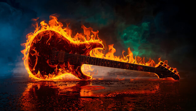 Electric guitar engulfed in flames and smoke on a wet reflective surface fire burning