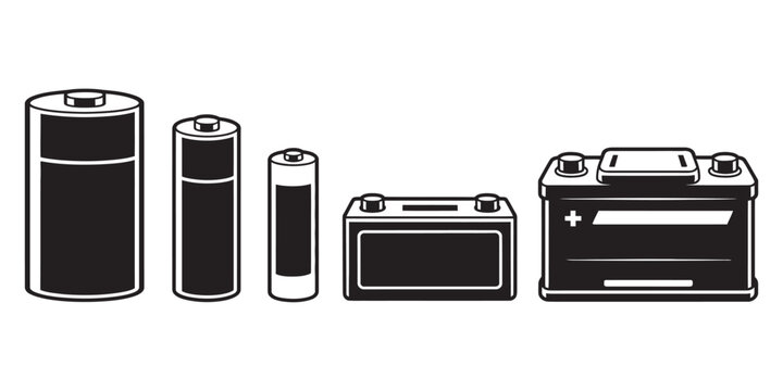 Battery types collection vector illustration, AA, AAA, C, D, 9-volt batteries, monochrome design, electronics and power supply icons set