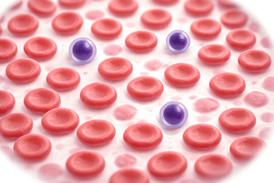 Photorealistic 3D illustrating lymphocytopenia: a clean bloodstream scene with noticeably fewer lymphocytes (small round cells with large nucleus-to-cytoplasm ratio) among normal red blood cells