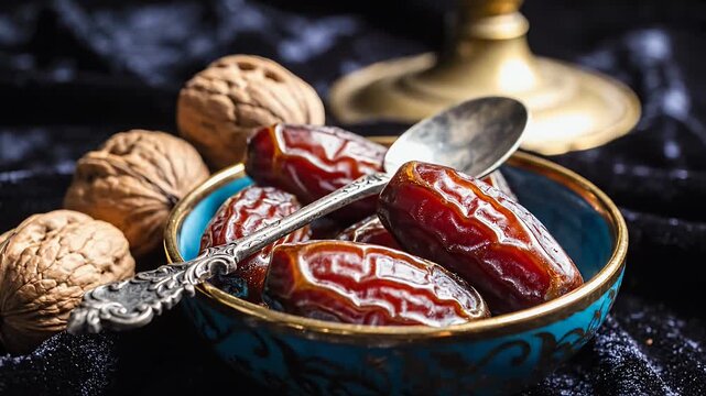Delicious dates and walnuts in a beautiful bowl with a spoon.