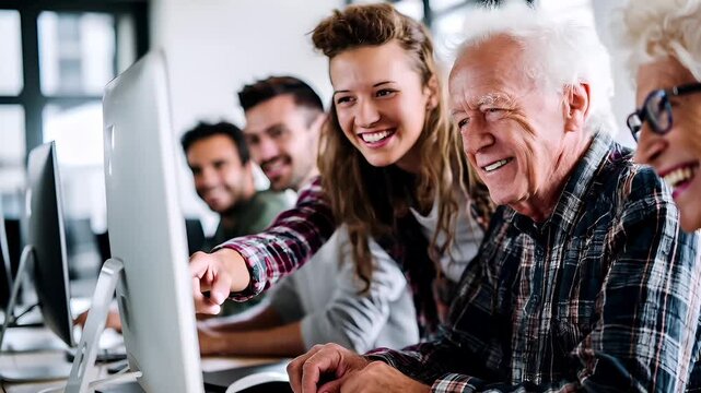 Education training class. Knowledge learning improvement study. A group of people gathered around a computer, with an elderly man and woman in the center. The man, wearing glasses.