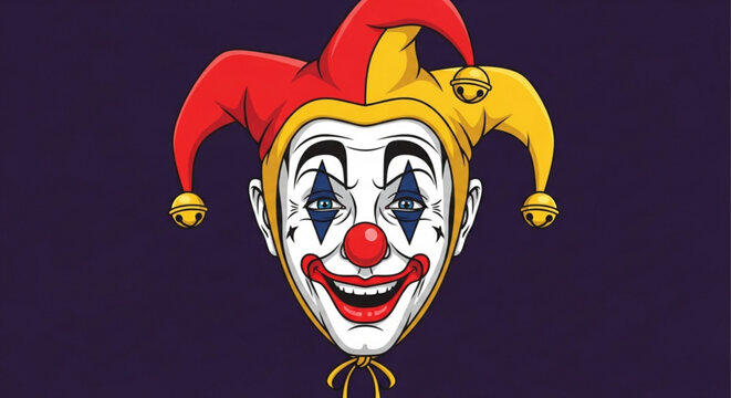 Jester's colorful face with red nose and painted smile on dark background