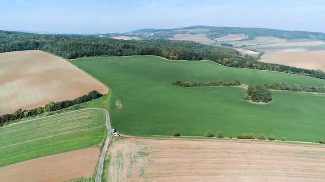 Aerial lake in farmland landscape