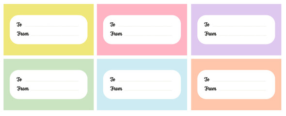 Fototapeta premium Gift tag label set with place for text To and From in Danish pastel colors. Minimal blank labels collection on colorful backgrounds.