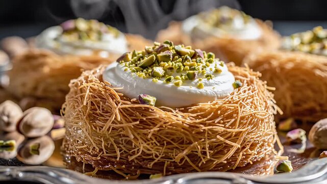 Delicious Middle Eastern Dessert - Kataifi Nest with Cream and Pistachios.