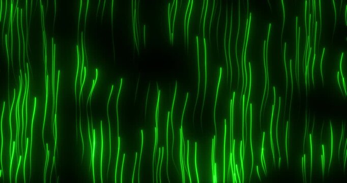 The abstract wall is made up of descending paths of particles, creating the effect of digital rain. The smooth movement of the elements forms a dynamic, mesmerizing pattern that fills the space with e