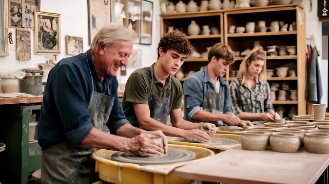 Education training class. Knowledge learning improvement study. A group of people skillfully crafting pottery on a potters wheel in a studio. The man in the foreground.