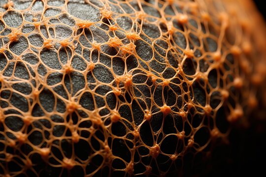 Orange physarum polycephalum organisms creating an intricate biological web on a textured surface