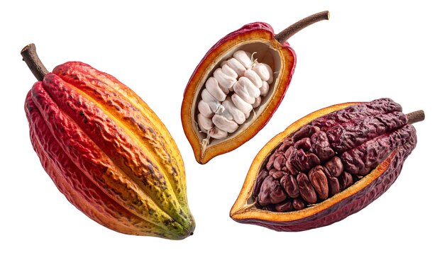 Three cocoa pods, one whole, two cut, showing seeds