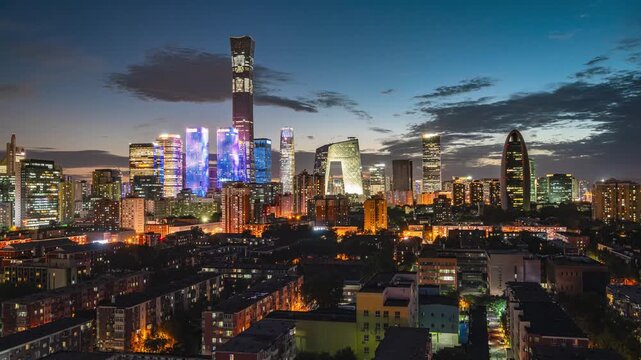 Beijing CBD Skyline at Dusk with Illuminated Colorful Tower Lights
