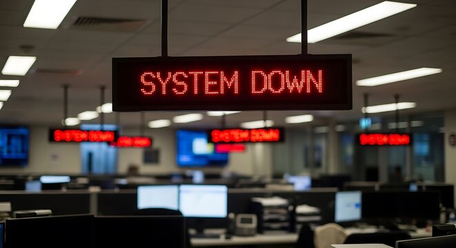 System down sign in a large office space with multiple computer monitors indicating technical issue