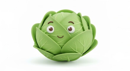 Fototapeta premium Cute Cartoon Cabbage Character with Big Eyes and Soft Texture on a Clean White Background