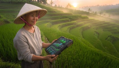 Smart farming: Farmer using tablet in rice field