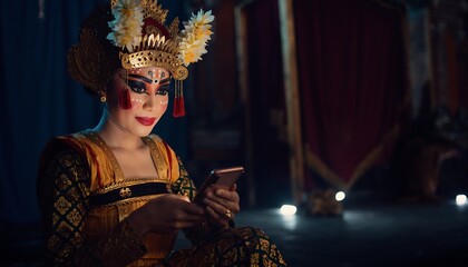 Traditional Bali dancer checking social media backstage