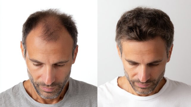 A middle-aged Caucasian man with short brown hair looks down, showing a comparison of hair loss on the left and fuller hair on the right.