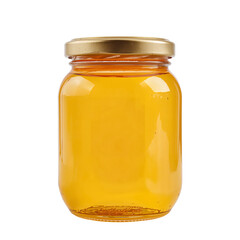 Clear Jar Filled With Honey Placed on a White Background With a Golden Lid for Product Display