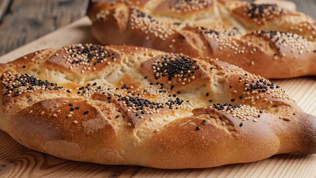 Delicious Turkish Ramadan Pide Bread with Sesame Seeds on Wooden Board.