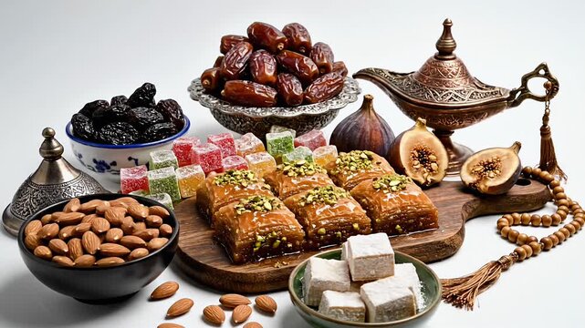 Delicious Middle Eastern Sweets and Treats Displayed on a White Surface.