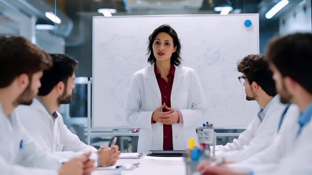 Education training class. Knowledge learning improvement study. A woman in a white lab coat standing confidently in front of a whiteboard, surrounded by a group of people seated around a table.