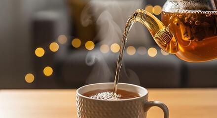 Herbal Tea Pouring Macro Shot Cozy Atmosphere. Pure sensory ASMR visual. Ideal for "Backgrounds & Copy Space