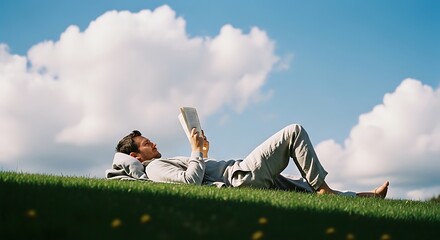 Man Reading Book on Grass Hill Blue Sky Copy Space