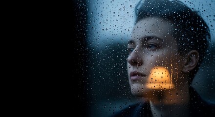 Pensive Person Looking Through Rain Window Reflection