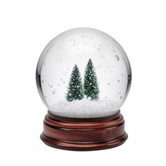 Snow Globe Displays Two Green Trees With White Snow and a Wooden Base in Winter Setting
