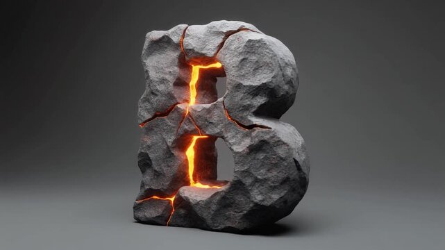 Cracked stone letter B with glowing lava core 3D typography sculpture