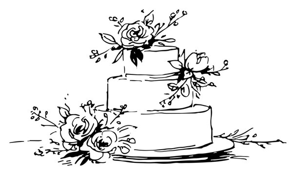 Hand drawn three tier wedding cake decorated with elegant roses and floral elements vector illustration in ink sketch style