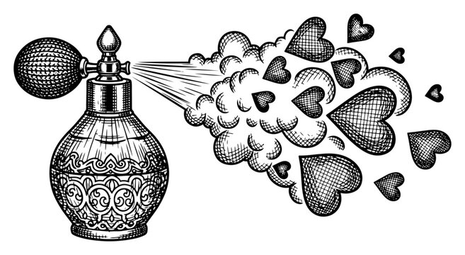 Vintage glass perfume bottle spraying cloud of hearts love potion concept engraving style vector illustration