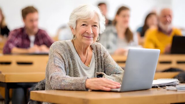 Education training class. Knowledge learning improvement study. A woman seated at a table in a classroom, intently focused on her laptop, surrounded by books and other objects.