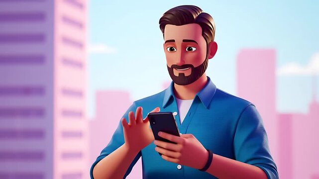 4K animation of a 3D man using a smartphone