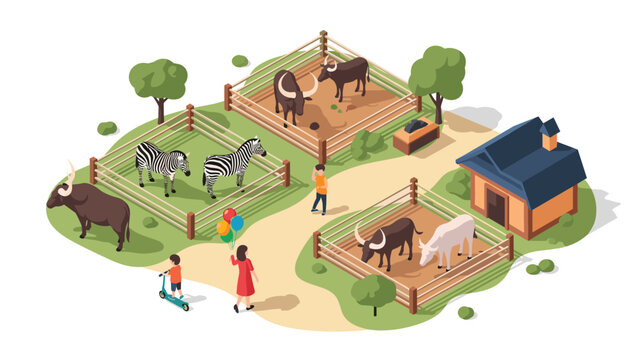 Isometric illustration of a lively zoo scene, featuring various fenced enclosures with zebras and bulls, visitors including a mother and child, and a small house, depicting a park.