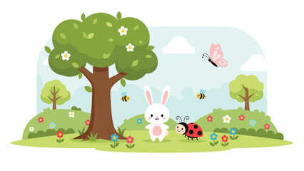 Fototapeta premium Charming illustration of a cute white bunny and a friendly ladybug playing in a vibrant spring garden, surrounded by a tree, flowers, butterflies, and bees, depicting nature.