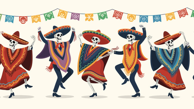 Festive seamless border with skeletons in ponchos and sombreros dancing, celebrating Day of the Dead with colorful banners.