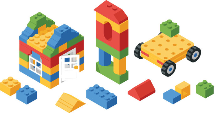 Colorful Toy Building Blocks Set with House, Tower, Car, and Modular Pieces for Kids Learning, Play, and Creative Construction Vector Illustration