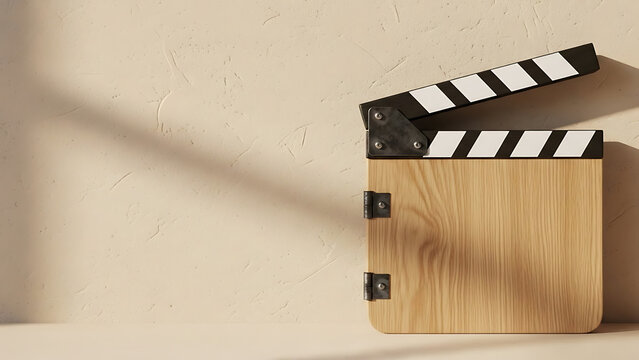 Classic wooden movie clapperboard on a textured beige wall under soft light, filmmaking concept with copy space for World Cinema Day. Style: Cinematic 3D render.