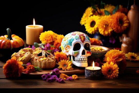 Ofrenda displaying a sugar skull, pan de muerto, lit candles, and colorful cempasuchil flowers