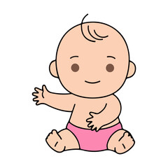 Cute Baby Vector Illustration Sitting and Smiling in Pink Diaper
