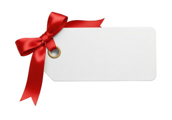 Gift tag with red ribbon bow isolated on transparent background